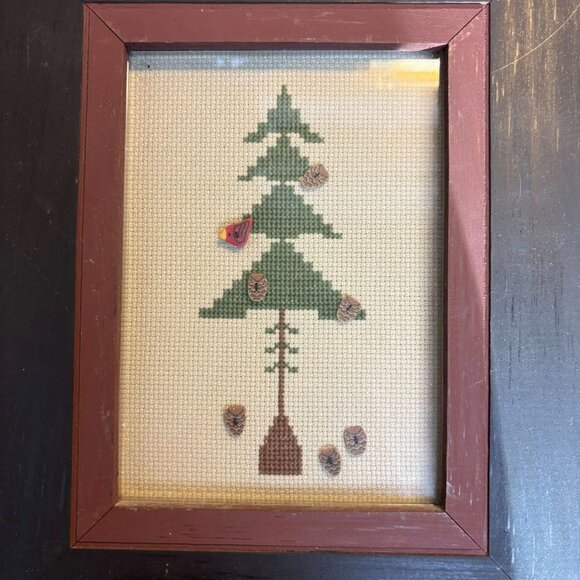 Framed Primitive Cross-Stitch Pine Tree w/ Button Embellishments Cardinal - Picture 2 of 6
